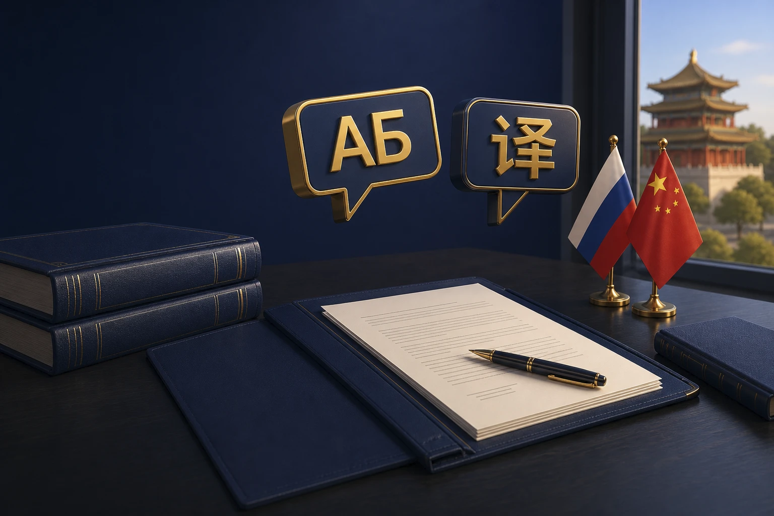 Документы, флаги России и Китая и символы перевода